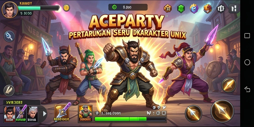 Screenshot permainan ACEPARTY dengan pertarungan mendebarkan dan karakter beragam.