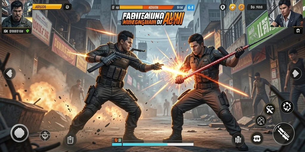 Tangkapan layar utama menunjukkan gameplay seru dengan aksi penuh adrenalin.
