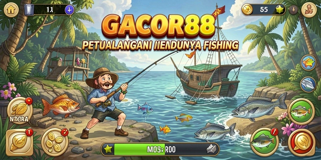 Screenshot utama GACOR88 menampilkan excitement memancing di lautan.