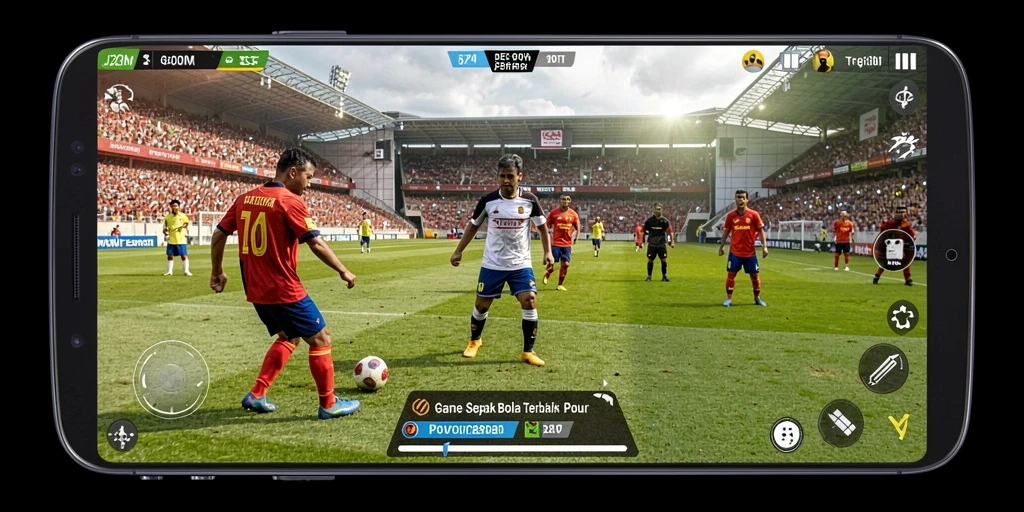 Screenshot gameplay J200M menunjukkan aksi sepak bola menegangkan.