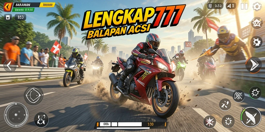 Gameplay LENGKAP777 menampilkan balapan motor yang seru dan intens.