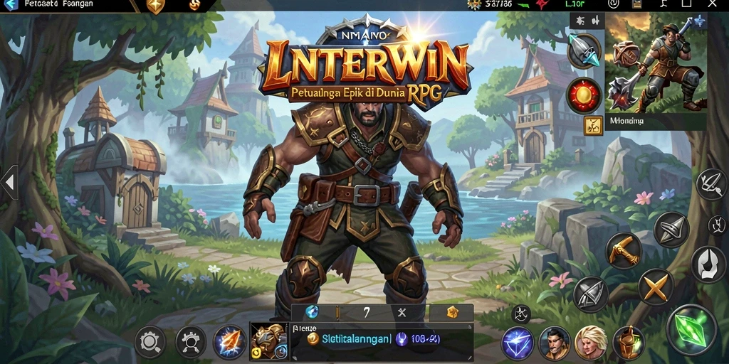 Screenshot gameplay LNTERWIN menampilkan pertempuran mendebarkan dan dunia fantasi yang kaya.