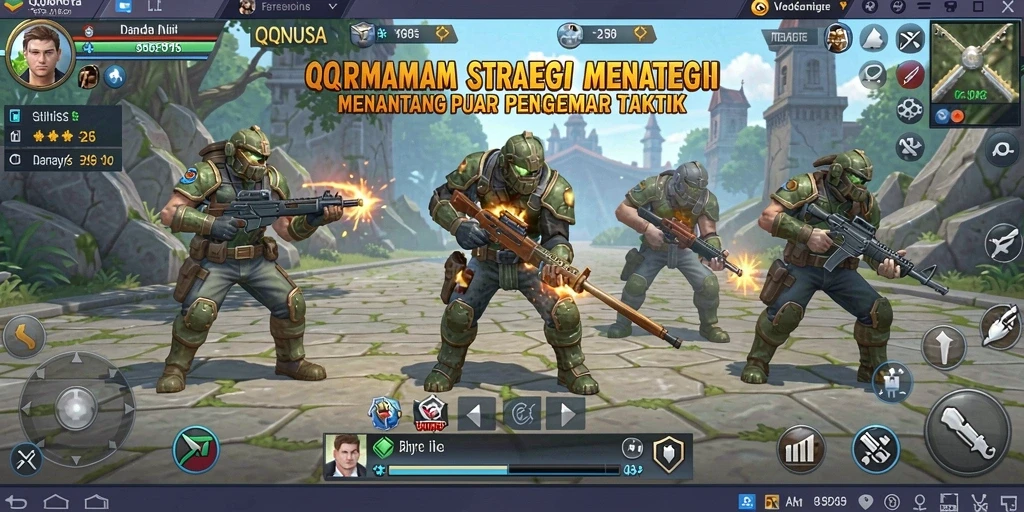 Tangkapan layar menunjukkan aksi strategis dalam QQNUSA dengan berbagai karakter dan taktik.